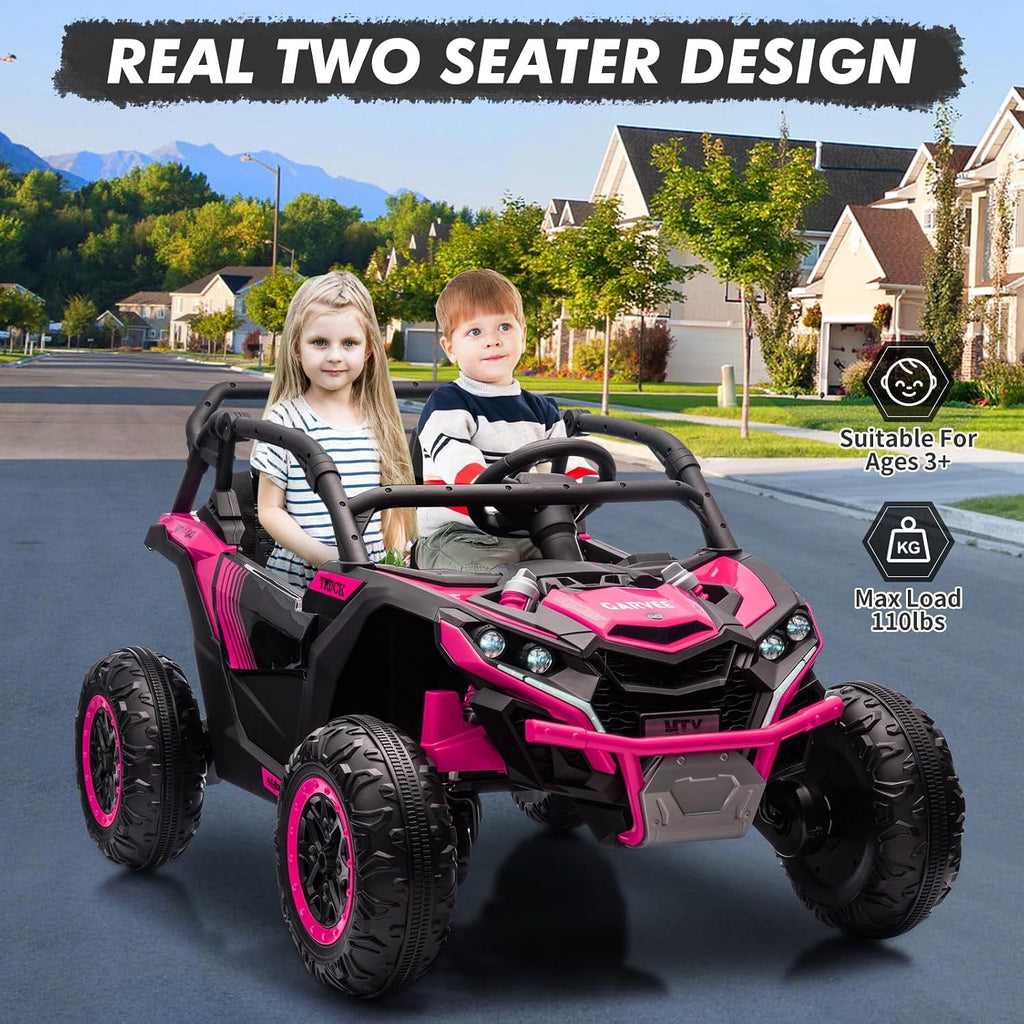 24V 2-Seater Ride On UTV for teens. Remote Control. 4x200W Motors. Bluetooth Music. LED Lights. 3 Speeds. . Safety Belt. All-Terrain Electric Vehicle,Rose Red