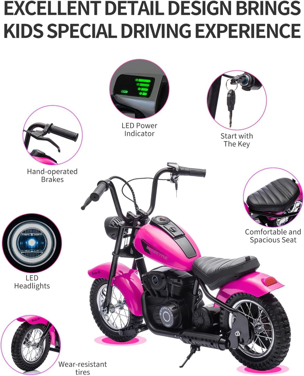 24V Electric Dirt Bike, 300W Chain-Driven Motor, Up to 15 MPH, 2-Speed, 10-Mile Range, 12" Air-Filled Rubber Tires, Leather Seat, Hand Brake, LED Lights, 150 Lbs