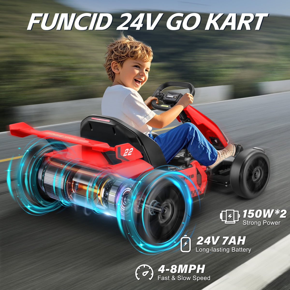 Funcid 24V 7AH Go Kart for Kids, 300W Powered Ride on Toys for 6+, Racing Go Kart with Drift/Sport Mode for Outdoor, Speed 4-8MPH, 110lbs Max Load