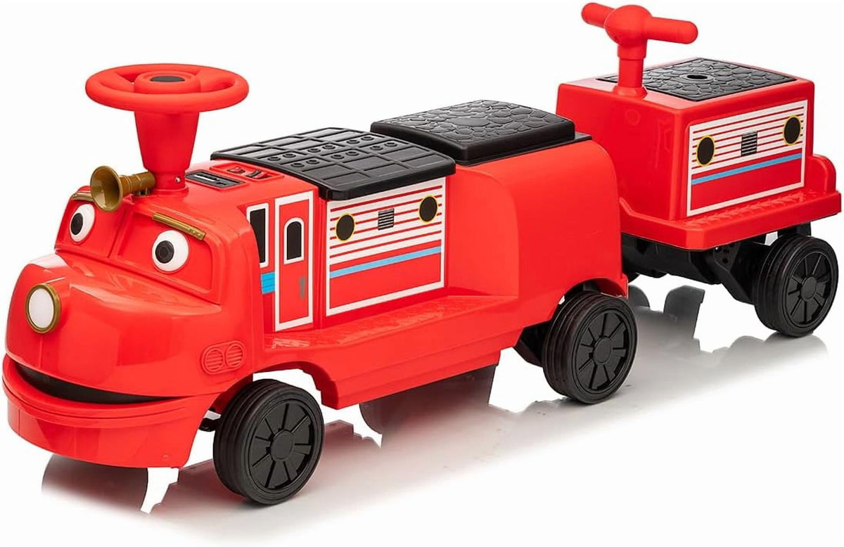 2 Seater Trackless Ride On Train, 12V Electric Ride On Car with Adjustable Seat, Carriage Included, Music, LED Lights, Storage Space, 2 Speed Modes