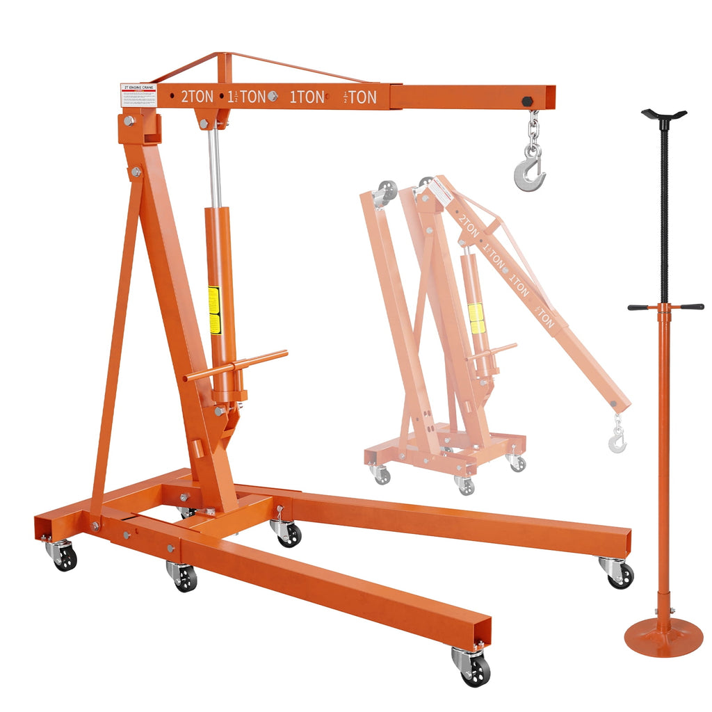 2 Ton Folding Hydraulic Engine Hoist & 3/4 Ton Underhoist Support Stand Set – Heavy Duty Steel Shop Crane, 4-Position Boom, High Reach for Automotive Engine Work, Orange (RAL2004)