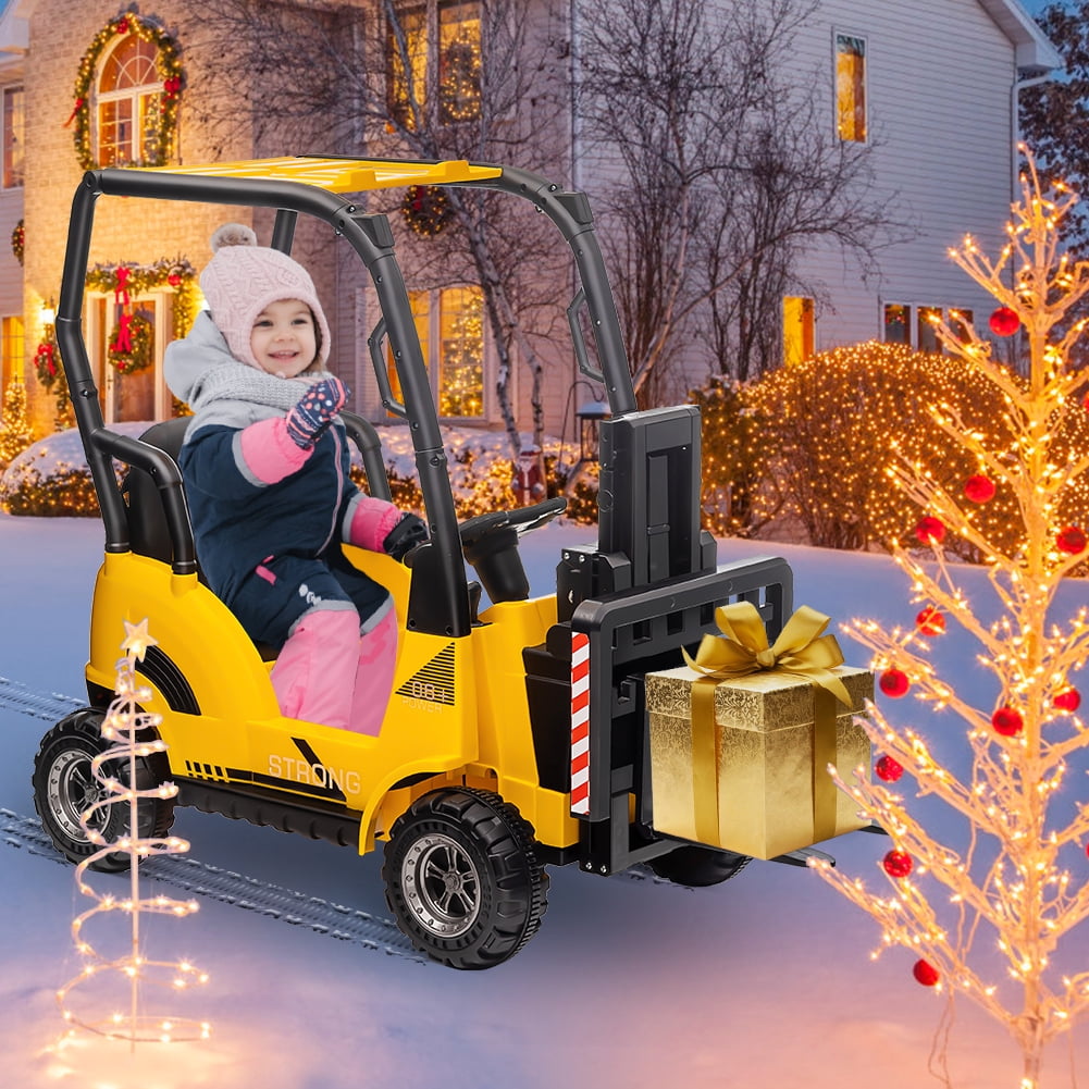 12V Kids Ride On Forklift Car with Tent and Remote Control – Liftable Fork & Pallet – Music, USB, MP3, Low Power Alarm, High/Low Speed – Construction Electric Vehicle Toy – Red