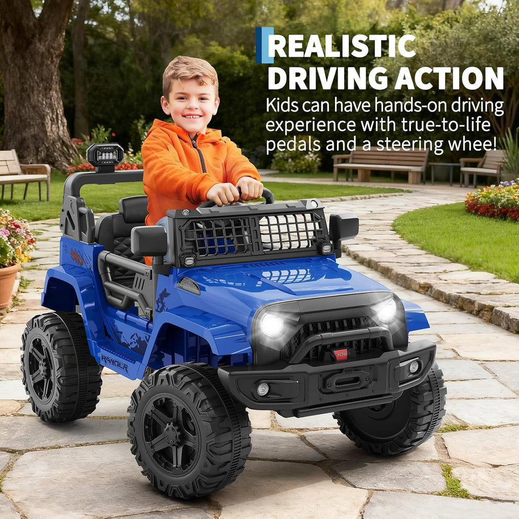 12V Electric Ride On Car with Remote Control, Off Road Ride On Vehicle with Bluetooth, LED Lights, Spring Suspension, Adjustable Seat Belt, All Terrain Tires, 61 lbs Capacity