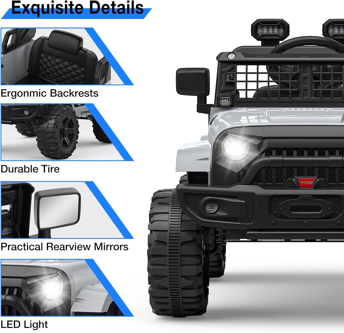 12V Electric Ride On Car with Remote Control, Off Road Ride On Vehicle with Bluetooth, LED Lights, Spring Suspension, Adjustable Seat Belt, All Terrain Tires, 61 lbs Capacity