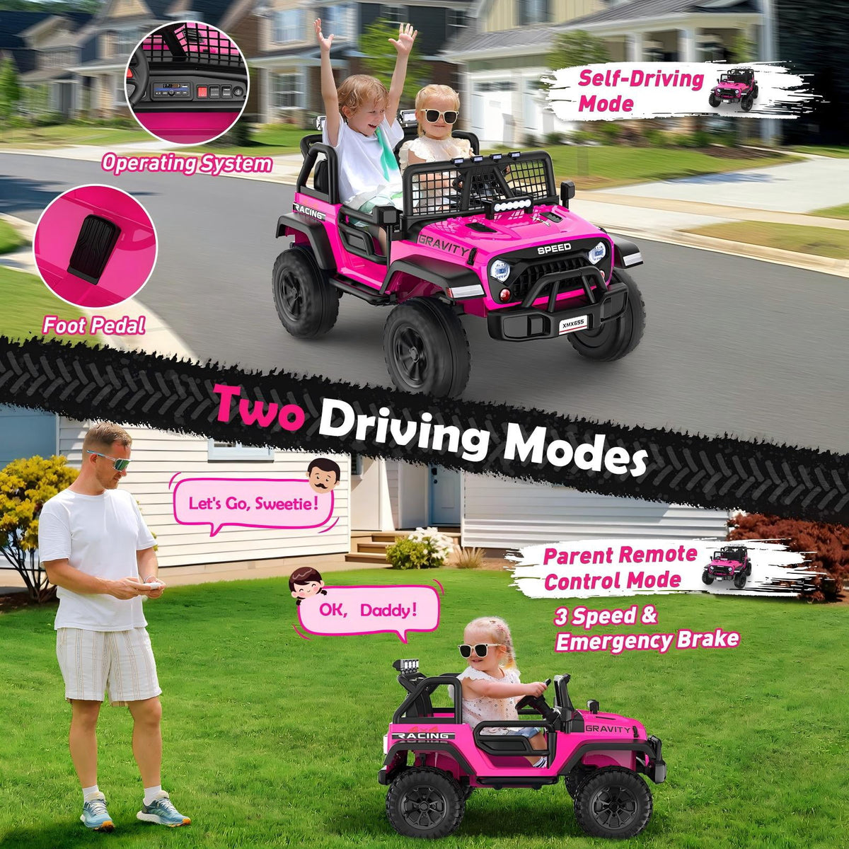Funcid 24 Volt Ride on Toys with Remote Control, 400W 2-Seater Ride on Cars with Colored LED Lights & Battery Indicator, Electric Car for Kids w/ Bluetooth, Light Control, Volume Knob, Pink