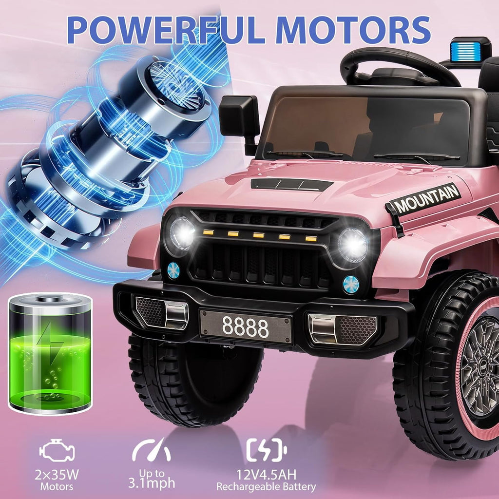 12V Ride-On Electric Car with Parent Remote Control, Dual 35W Motors, 3 Speeds, Spring Suspension, LED Lights, Music, Horn, 66 lbs