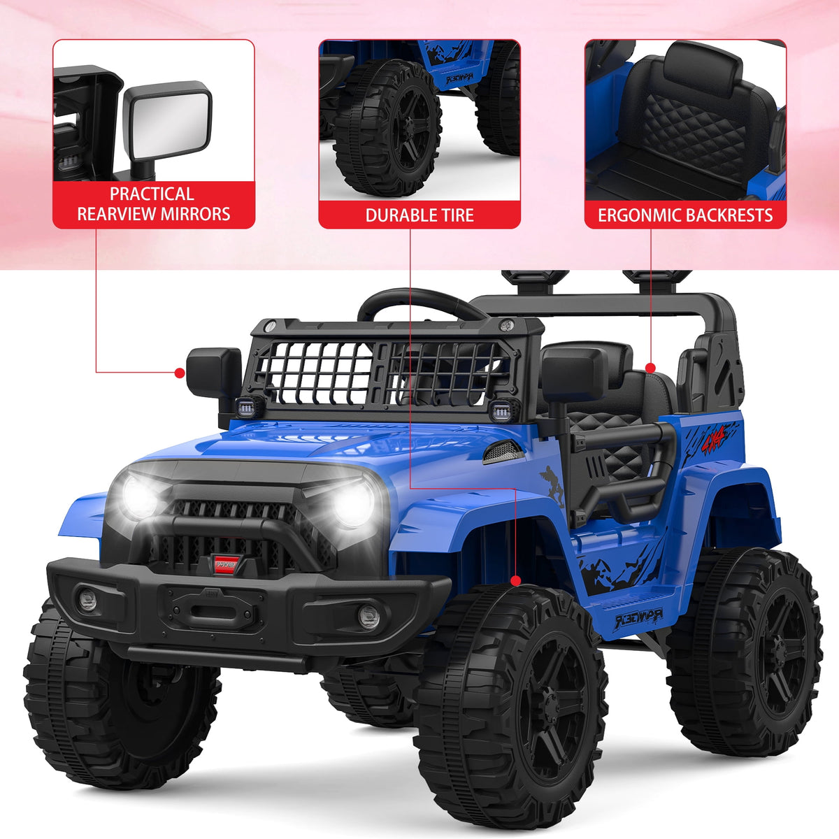 12V Kids Electric Ride-On Truck – Parental Remote Control, Seasonal Suspension, LED Lights, Wireless Connection, 2 Speeds, Standard Test Method Certified, Off-Road Toy Car