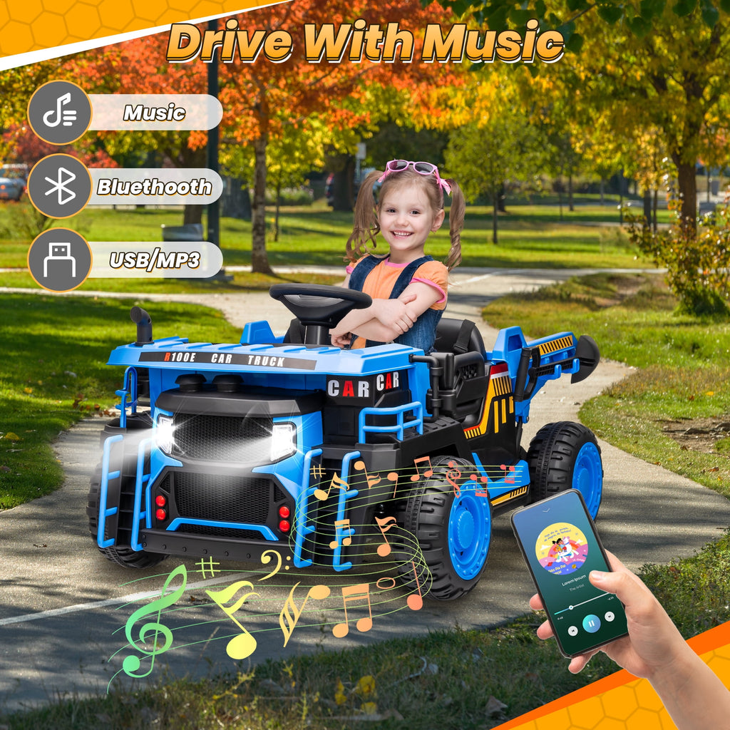 24 Volt Ride on Toys w/ Remote Control, 2*200W Strong Motor, Electric Powered Ride on Dump Truck with Shovel, 3 Speeds, LED Lights, MP3/USB Music, Blue