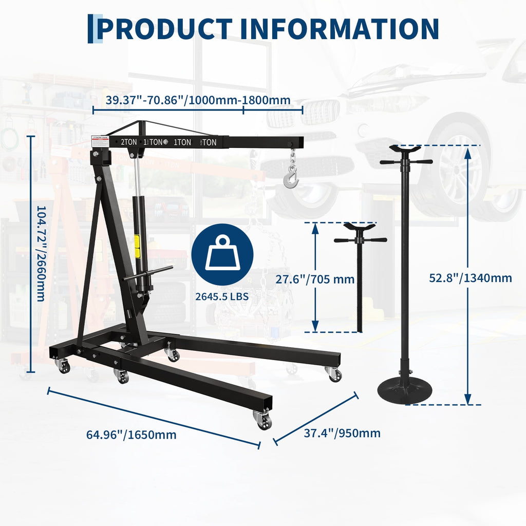 2 Ton Folding Hydraulic Engine Hoist & 3/4 Ton Underhoist Support Stand Set – Heavy Duty Steel Shop Crane, 4-Position Boom, High Reach for Automotive Engine Work, Orange (RAL2004)