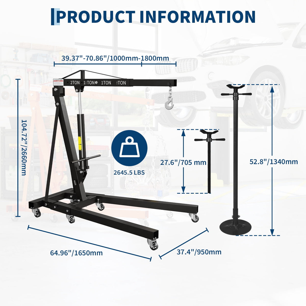 2 Ton Folding Hydraulic Engine Hoist & 3/4 Ton Underhoist Support Stand Set – Heavy Duty Steel Shop Crane, 4-Position Boom, High Reach for Automotive Engine Work, Orange (RAL2004)