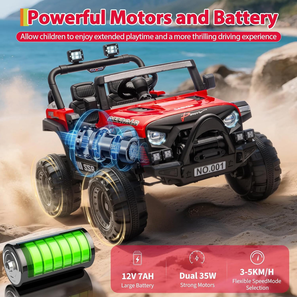 12V Electric Ride-On Truck, 4-Wheel Ride-On Car with Parent Remote Control, Dual 35W Motors, Spring Suspension, 3 Speeds, Bluetooth, LED Lights