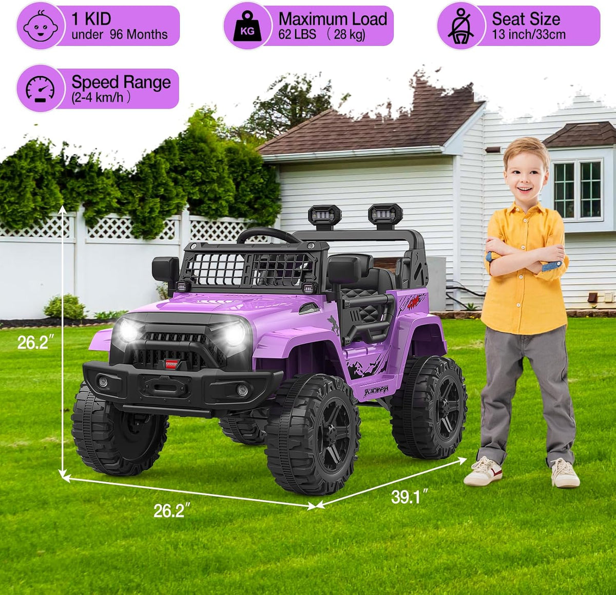 12V Electric Ride On Car with Remote Control, Off Road Ride On Vehicle with Bluetooth, LED Lights, Spring Suspension, Adjustable Seat Belt, All Terrain Tires, 61 lbs Capacity