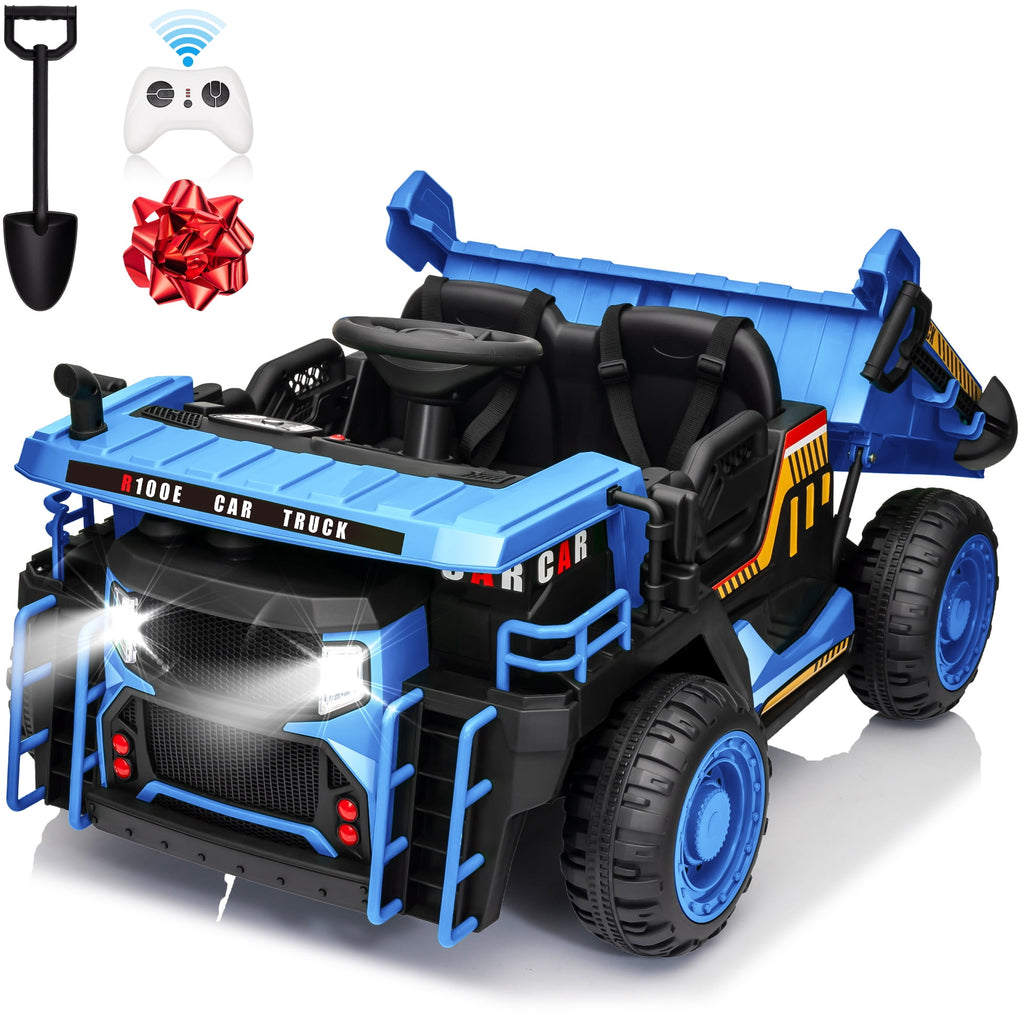 24 Volt Ride on Toys w/ Remote Control, 2*200W Strong Motor, Electric Powered Ride on Dump Truck with Shovel, 3 Speeds, LED Lights, MP3/USB Music, Blue