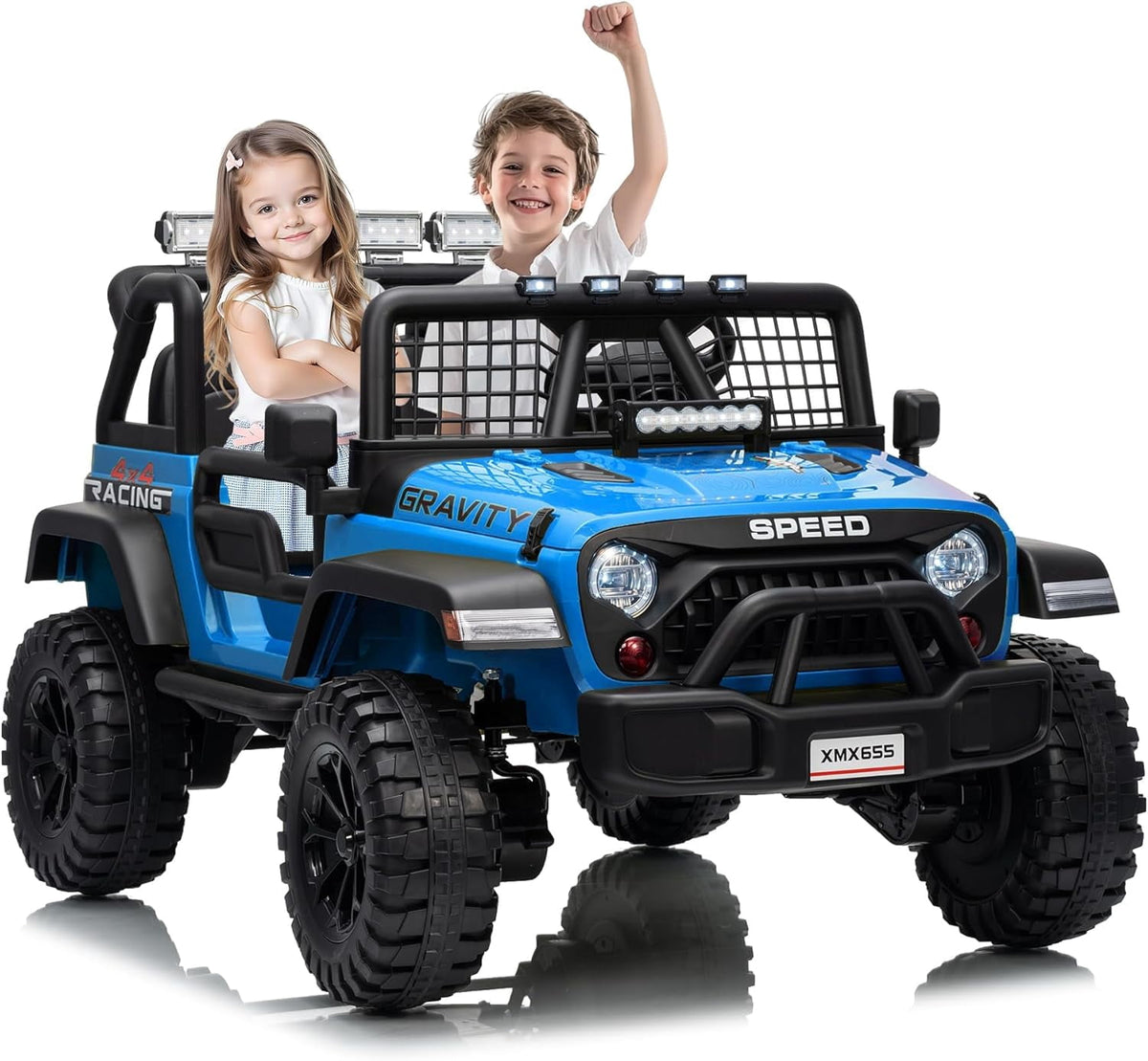 24V 2-Seater 4WD Electric Ride-On Truck with 2.4GHz Remote Control, Auto-Follow Mode, 2 Speeds 3–5 mph, Spring Suspension, LED Headlights, USB/AUX Music, 110 lb Capacity,Blue