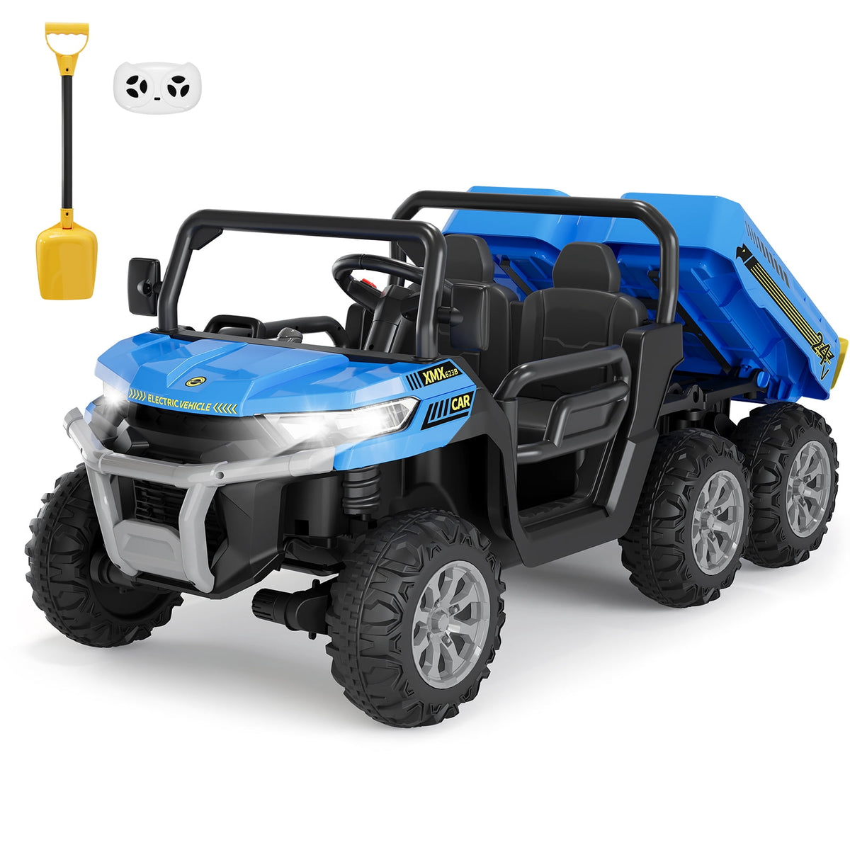 24V 2-Seater 6-Wheel Electric Dump Truck Ride-On for Kids – 4WD UTV Car, Remote Control, Electric Dump Bed, Music, Horn, Industry Standard/CPSIA Certified, Power Ride-On Toy for Boys & Girls