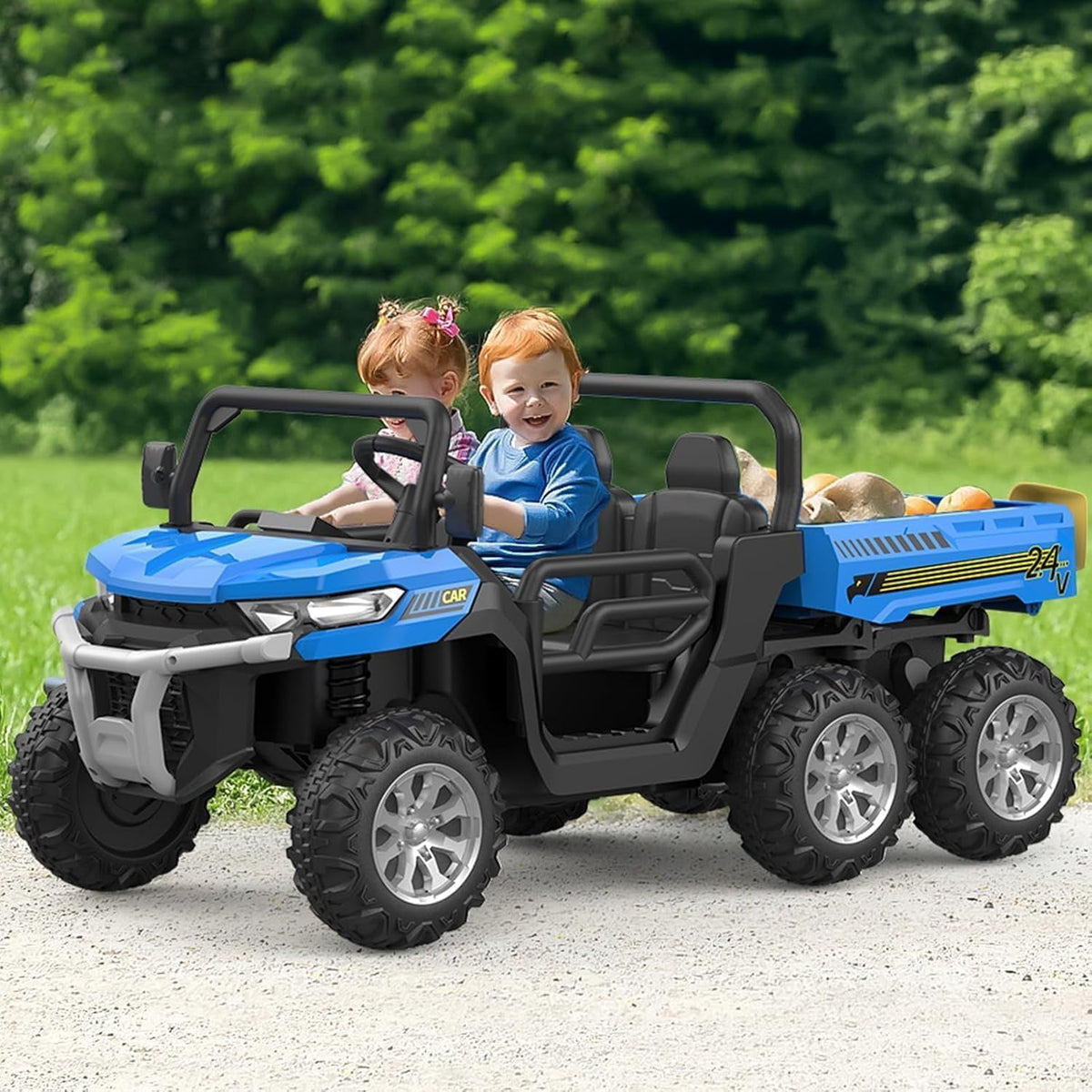24V 4WD Electric Ride-On Dump Truck for , 2-Seater UTV with Remote Control, Bluetooth Music, Seatbelts, LED Lights, Mobile Phone Connectivity, Double Seat 6 Wheel Truck for Ages 3-8,Green