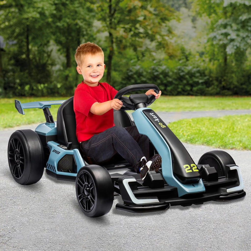 24V Electric Drift Go Kart, Dual 300W Motor Racing Car with Drift & Sport Modes, Adjustable Length, LED Lights, EVA Tires, Up to 8.5MPH, Outdoor Ride On Racing Kart,Blue