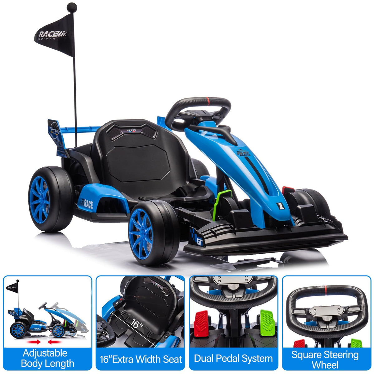 24V Kids Ride-On Go Kart, 7.5MPH High-Speed Drifting Car, Dual 200W Motors, 7Ah Battery, Adjustable Length, Max Load 135lbs, Power Display Racing Toy for Children 6+, Green
