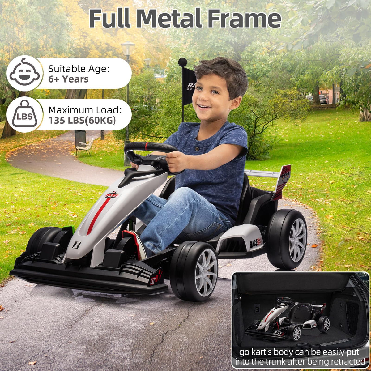 24V Kids Ride-On Go Kart, 7.5MPH High-Speed Drifting Car, Dual 200W Motors, 7Ah Battery, Adjustable Length, Max Load 135lbs, Power Display Racing Toy for Children 6+, Green