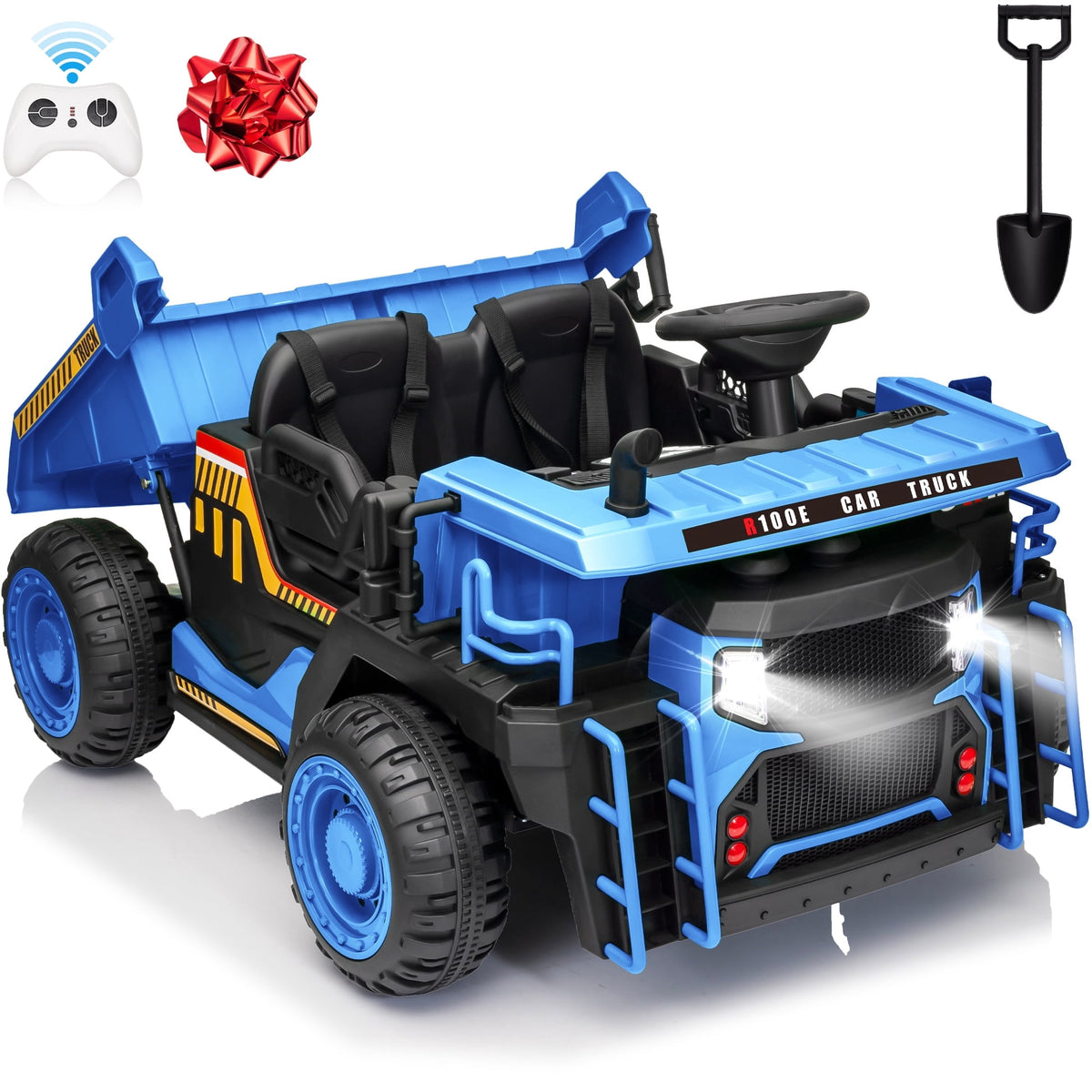 Funride 24V Ride on Toys 2 Seater Ride on Dump Truck w/ Remote Control w/ Dump Bed, 3 Speeds, Shovel, Bluetooth/Music, Big Kids, Yellow