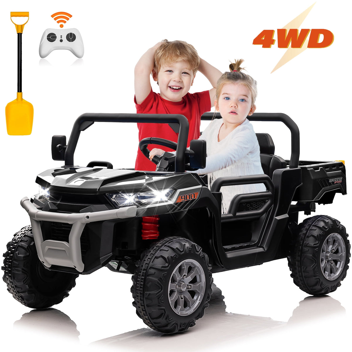 24V Ride on Dump Truck with Remote Control, 4WD Electric Car for Big Kids, 2 Seater 4*200W Motor Ride on Toy, Shovel, Music, Kids Gift, Black