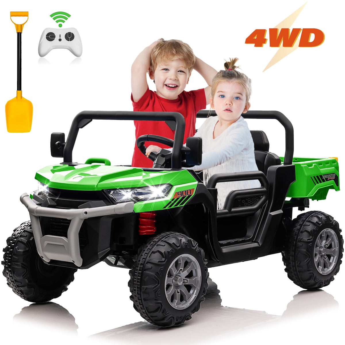 24V Ride on Dump Truck with Remote Control, 4WD Electric Car for Big Kids, 2 Seater 4*200W Motor Ride on Toy, Shovel, Music, Kids Gift, Black