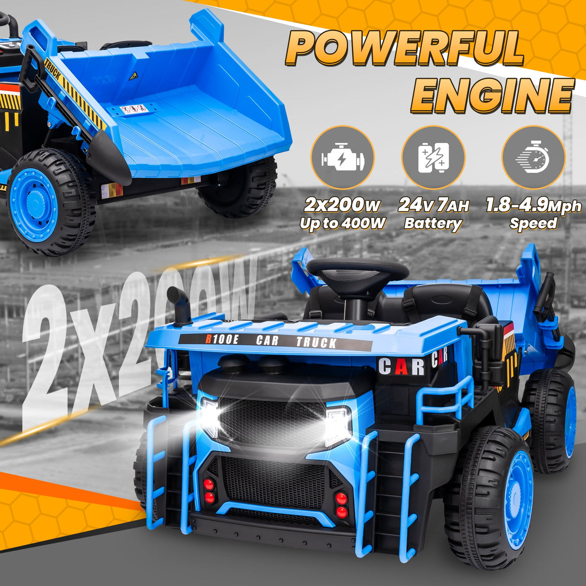 24 Volt Ride on Toys w/ Remote Control, 2*200W Strong Motor, Electric Powered Ride on Dump Truck with Shovel, 3 Speeds, LED Lights, MP3/USB Music, Blue