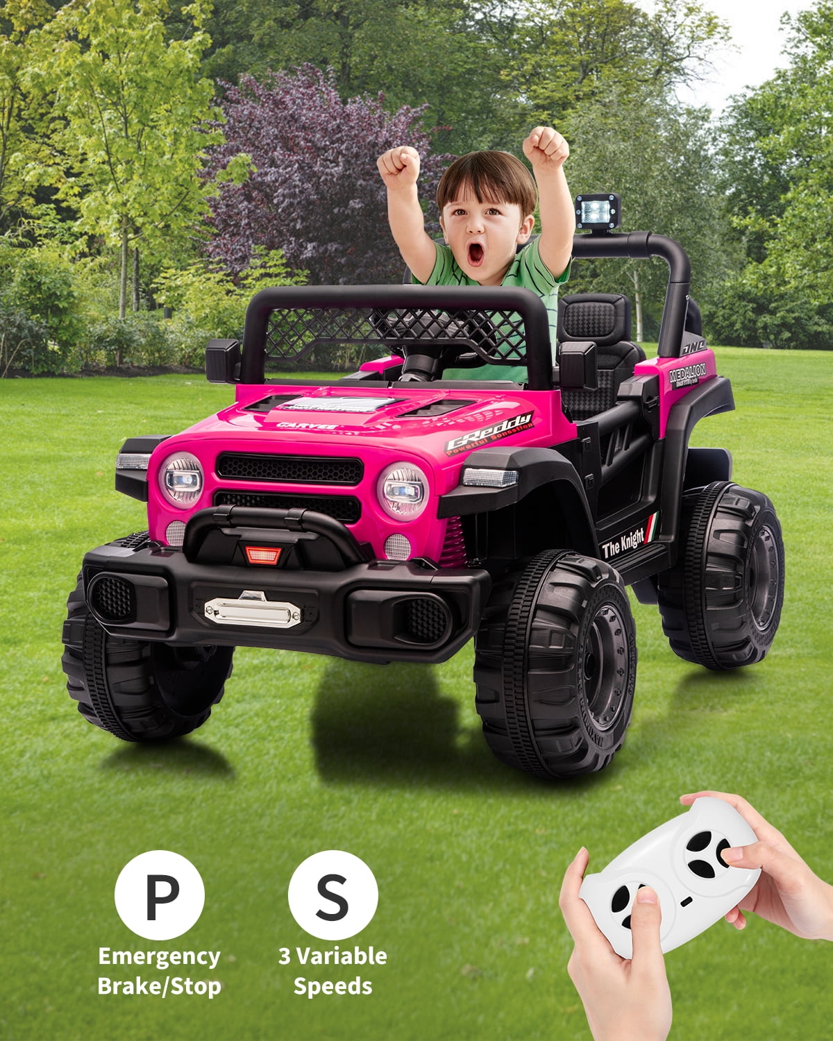 12V Kids Ride-On Truck – Dual 550W Motors, Remote Control, 3-Speed up to 6MPH, Spring Suspension, LED Lights, Music, Safety Belt, Storage – Electric Toy Car for Kids Ages 2-8 – Rose Red