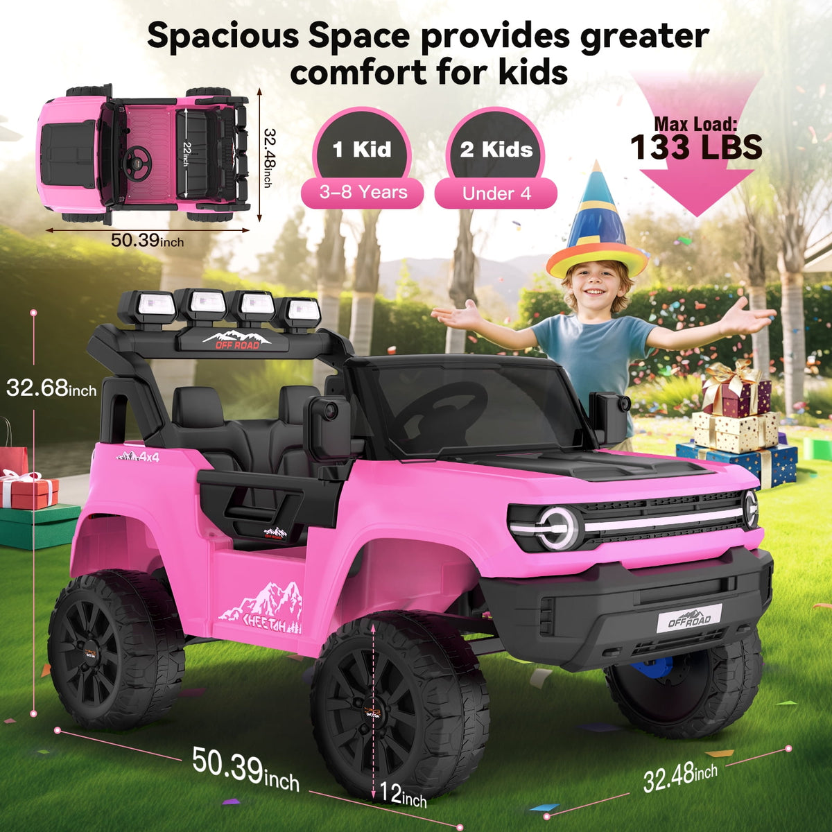 Farmdex 24V Ride on Toys with Remote Control, 2 XL Seater Electric Truck Car for Kids w/ 22'' Large Seat, 4WD/2WD Switchable, Powered Ride on Cars w/ Bluetooth, LED Lights, 3 Speeds, 4 x 200W, Pink
