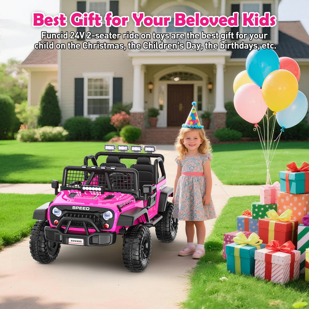 Funcid 24 Volt Ride on Toys with Remote Control, 400W 2-Seater Ride on Cars with Colored LED Lights & Battery Indicator, Electric Car for Kids w/ Bluetooth, Light Control, Volume Knob, Pink