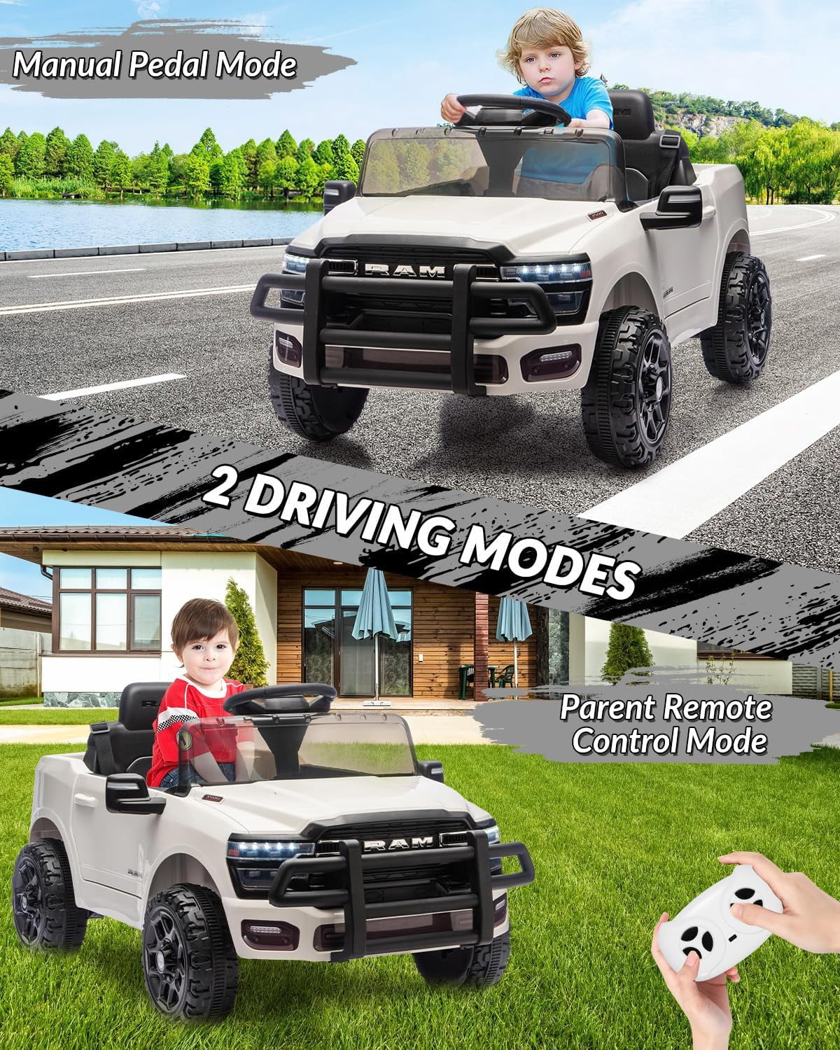 12V Licensed RAM Ride-On Pickup Truck, Electric Ride-On Car with Remote Control, 4-Wheel Suspension, Double Doors, LED Lights, Music, USB & AUX