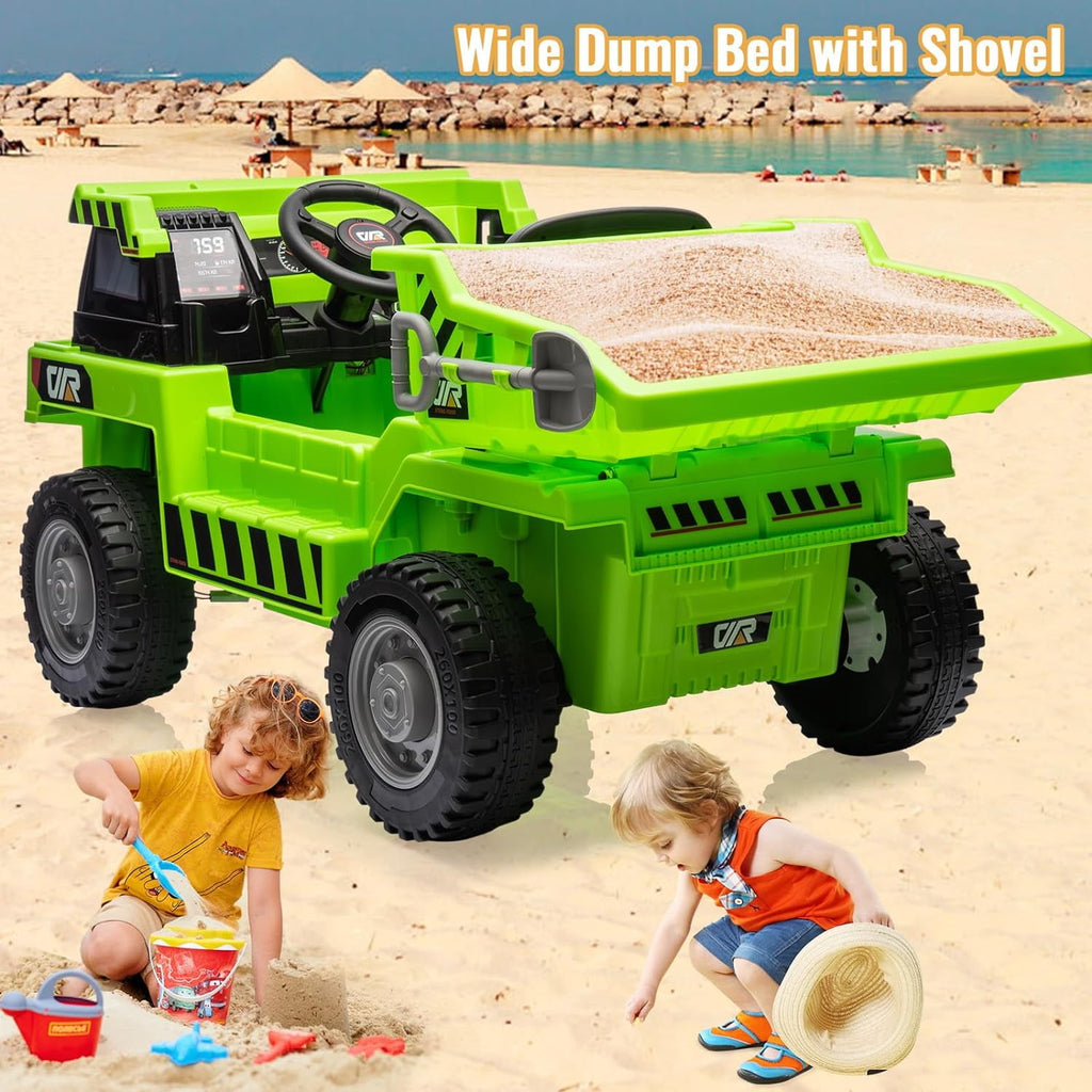 12V Electric Ride-On Dump Truck, Dual 35W Motors, 11 Inch Wear-Resistant Tires, Remote & Manual Dual Modes, Auto Lifting Dump Bed, Bluetooth Music & USB Port, 66 LBS Max Load,Green