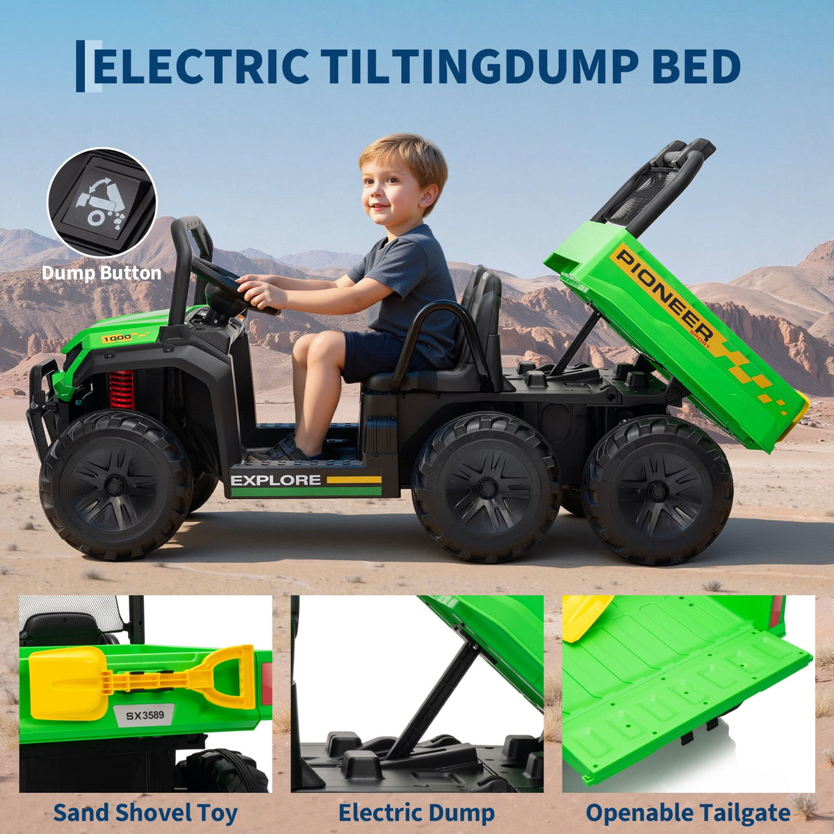 24V 4WD 2-Seater Kids Electric Ride-On Dump Truck – Remote Control, Working Dump Bed, 3 Speed Modes, Music Player, All-Terrain Off-Road Vehicle Toy for Boys & Girls Ages 3-8, Green
