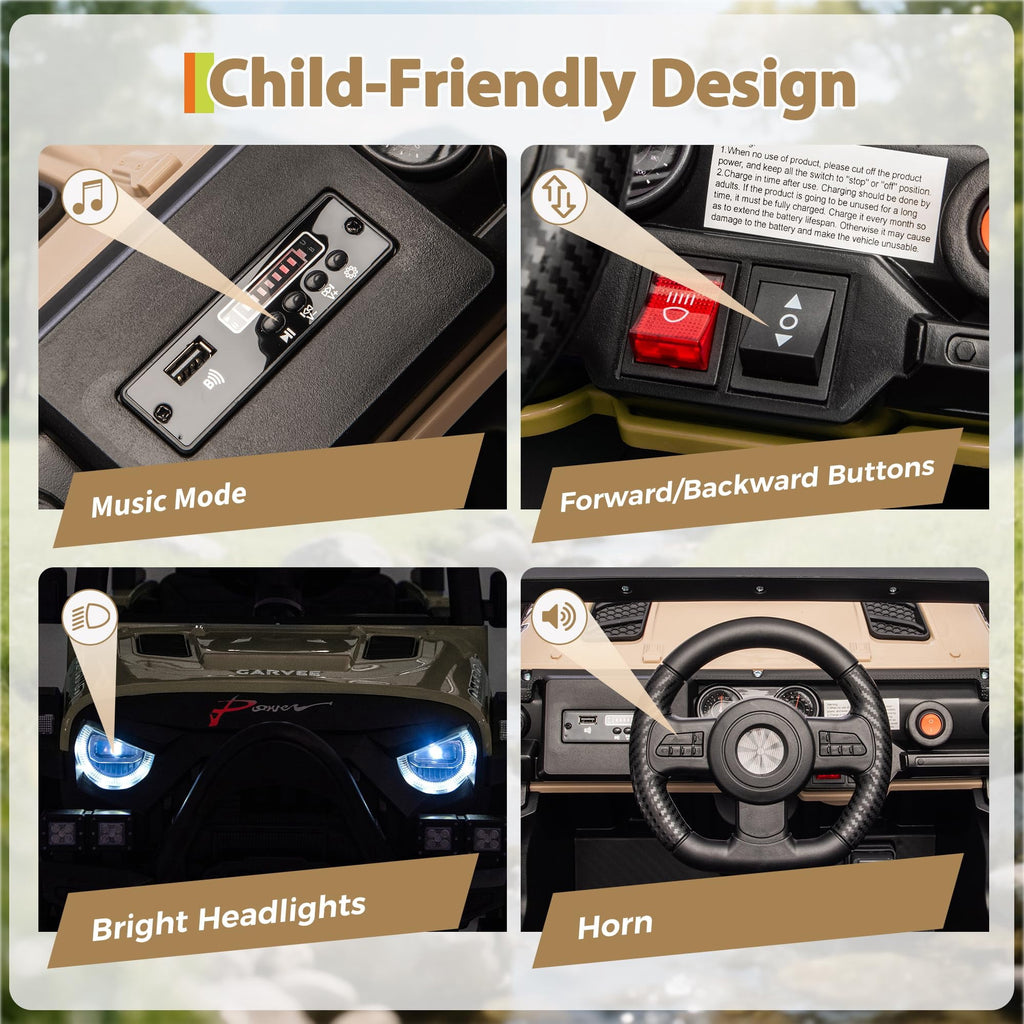 12V Kids Electric Ride-On Car – Parent Remote Control, 3 Speeds, Safety Locking Doors, 3-Point Harness, Spring Suspension, wireless Music, LED Lights, Anti-Slip Tires, Foot Brake, Battery Powered Toy