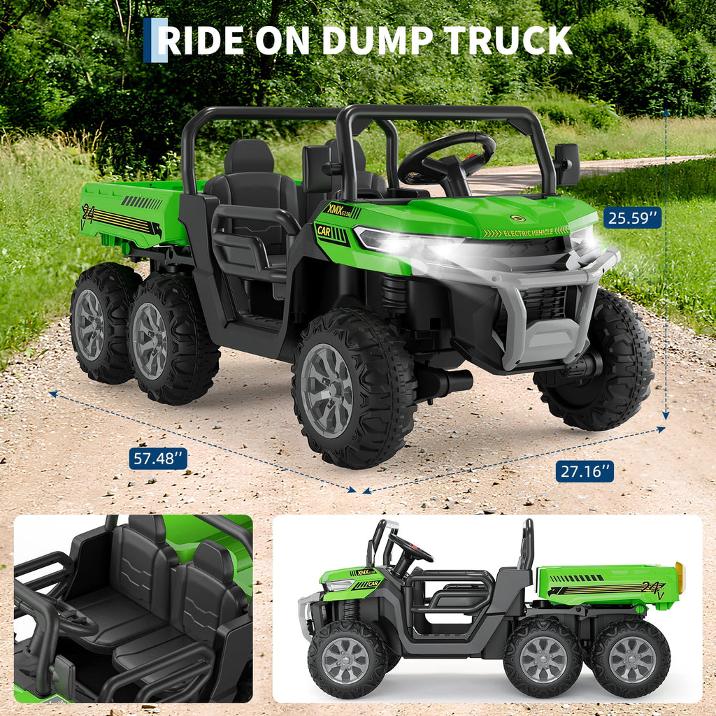24V 2-Seater 6-Wheel Electric Dump Truck Ride-On for Kids – 4WD UTV Car, Remote Control, Electric Dump Bed, Music, Horn, Industry Standard/CPSIA Certified, Power Ride-On Toy for Boys & Girls
