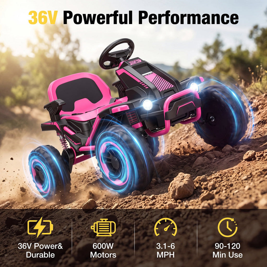 Funcid 36V Ride on Car for Kids, 4 Wheeler Electric Car with 600W Motors, Ride on Toy for Big Kids, Electric ATV with Spring Suspension, Bluetooth, Music, LED Lights, Pink