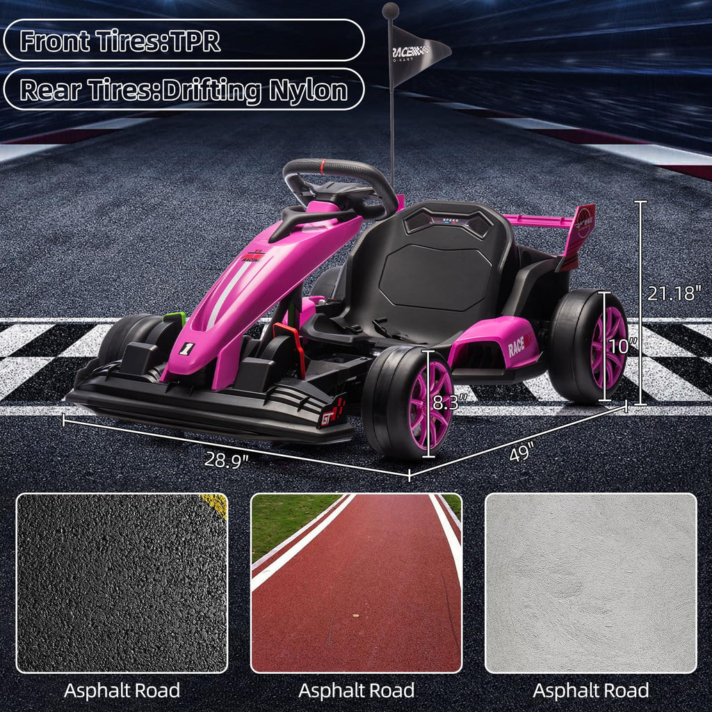 24V Kids Ride-On Go Kart, 7.5MPH High-Speed Drifting Car, Dual 200W Motors, 7Ah Battery, Adjustable Length, Max Load 135lbs, Power Display Racing Toy for Children 6+, Green