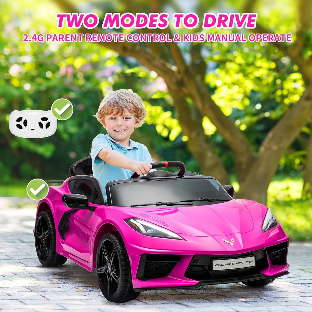 12V Licensed Corvette C8 Ride-On Electric Sports Car, Dual 30W Motors, Remote Control, LED Lights, Music, Openable Doors, 66 lbs