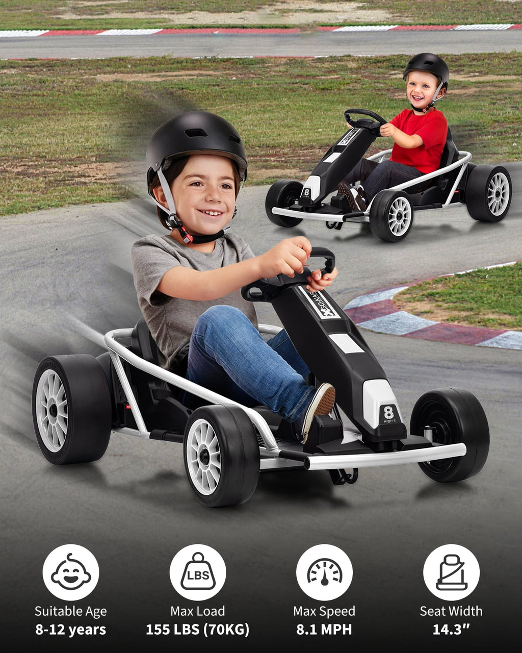 24V Electric Go Kart for Kids 8-12 - Dual 300W Motors, 9Ah Battery, 8MPH High-Speed Drifting, Slow Start, Full Metal Frame, Music, Horn, Power Display, Max Load 155Lbs, Ride-On Toy - Brown