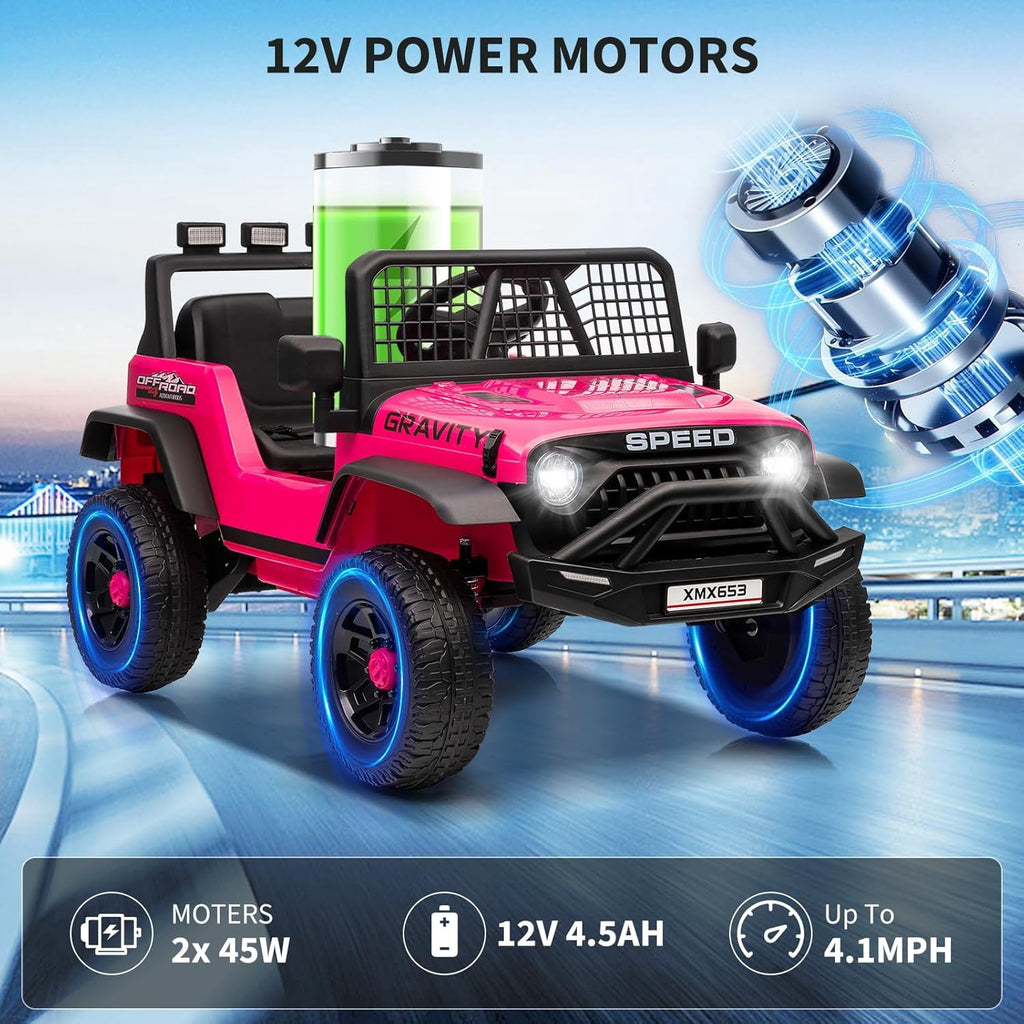12V Ride-On Electric Car with Remote Control, Extra-Wide 13" Seat, 3 Speeds, 1.6-4.1 MPH, LED Lights, Music, USB, Safety Belt
