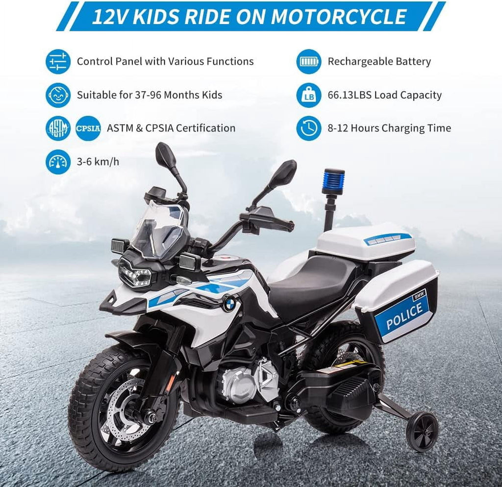Licensed Electric Police Motorcycle Ride-On, 12V, Dual Motors, 2 Speeds, LED Lights, Spring Suspension, MP3, Training Wheels, for Ages 3-8,Police car