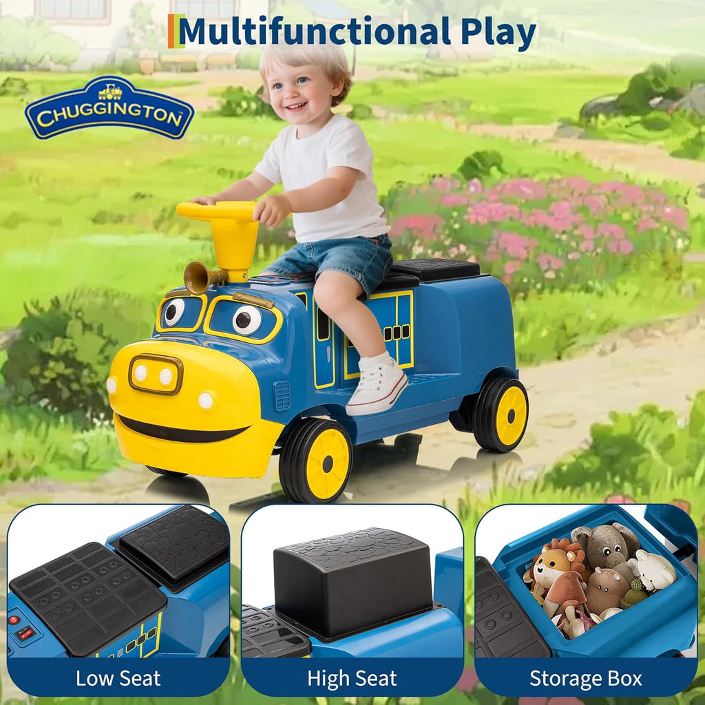 2 Seater Trackless Ride On Train, 12V Electric Ride On Car with Adjustable Seat, Carriage Included, Music, LED Lights, Storage Space, 2 Speed Modes