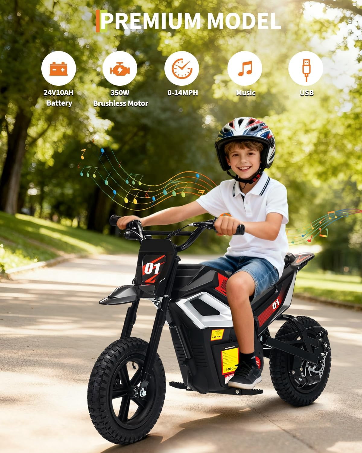 Fectiontool 24V Electric Ride-On Motorcycle, 350W Motor, 24V 7Ah Rechargeable Battery, Battery Powered Ride-On Bike, Energy-Efficient Charger Included,Black