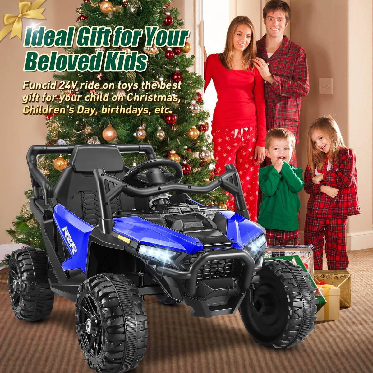 Funcid 24 Volt Ride on Toys with Remote Control & Battery Indicator, 400W Ride on UTV, Electric Car for Kids w/ Bluetooth, Music, LED Lights, Volume Adjustment Knob, 3 Speeds, Pink