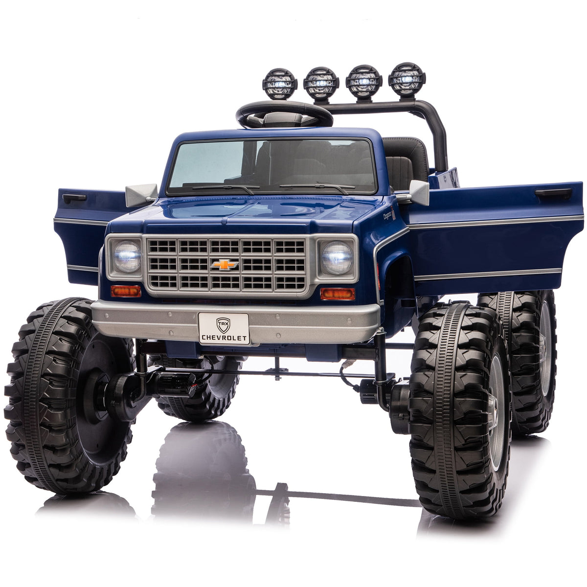 Sunnyfree 4WD Chevrolet Cheyenne 24 Volt Ride on Toys, 2 Seater Power Truck Wheels with Remote, Bluetooth, USB, LED Lights, Blue