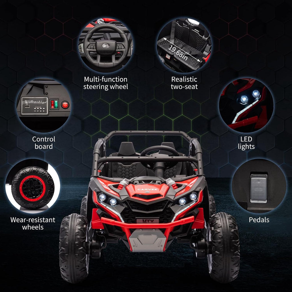 24V 2-Seater Ride On UTV for teens. Remote Control. 4x200W Motors. Bluetooth Music. LED Lights. 3 Speeds. . Safety Belt. All-Terrain Electric Vehicle,Rose Red