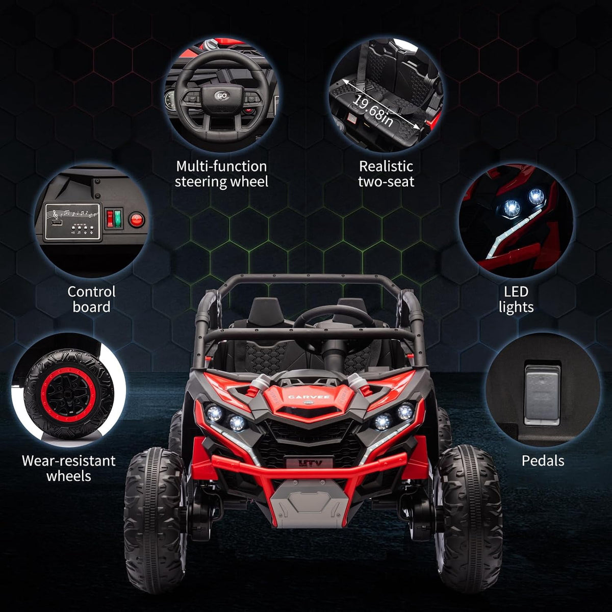 24V 2-Seater Ride On UTV for teens. Remote Control. 4x200W Motors. Bluetooth Music. LED Lights. 3 Speeds. . Safety Belt. All-Terrain Electric Vehicle,Rose Red