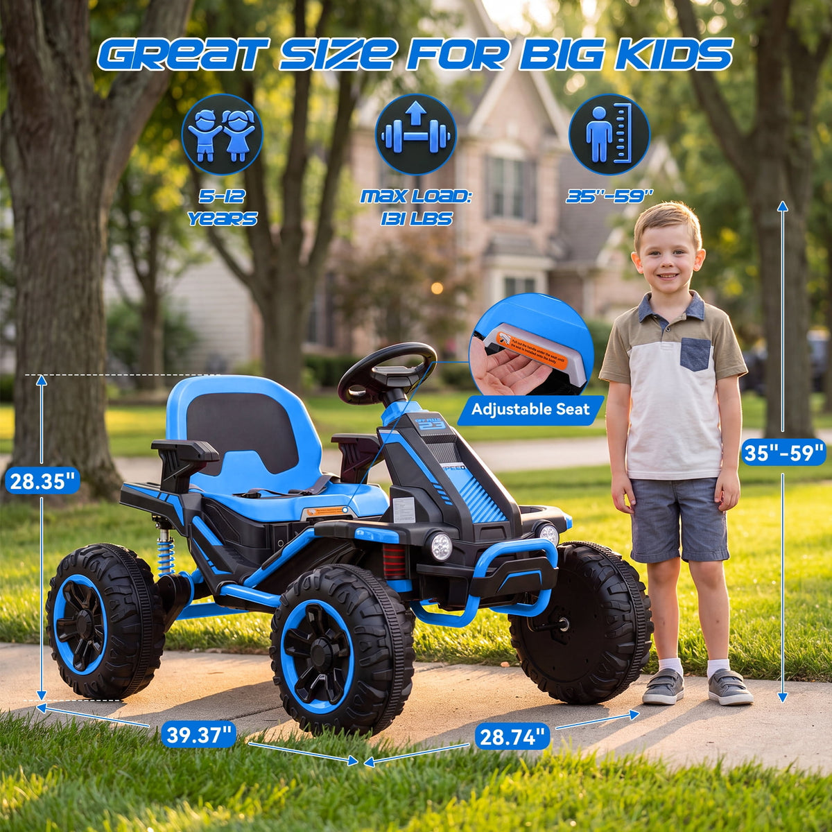 VIBESPARK 36V Ride on Toys for Big Kids Ages 6-12, 600W Ride on Cars up to 5.9 mph, Powerful 4 Wheeler Quad, Ride on ATV W/ Adjustable Seat, Ball-bearing Design, Power Display, Light Control, Blue