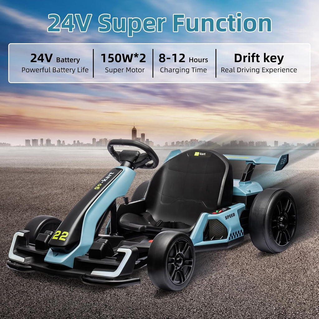 24V Electric Drift Go Kart, Dual 300W Motor Racing Car with Drift & Sport Modes, Adjustable Length, LED Lights, EVA Tires, Up to 8.5MPH, Outdoor Ride On Racing Kart,Blue