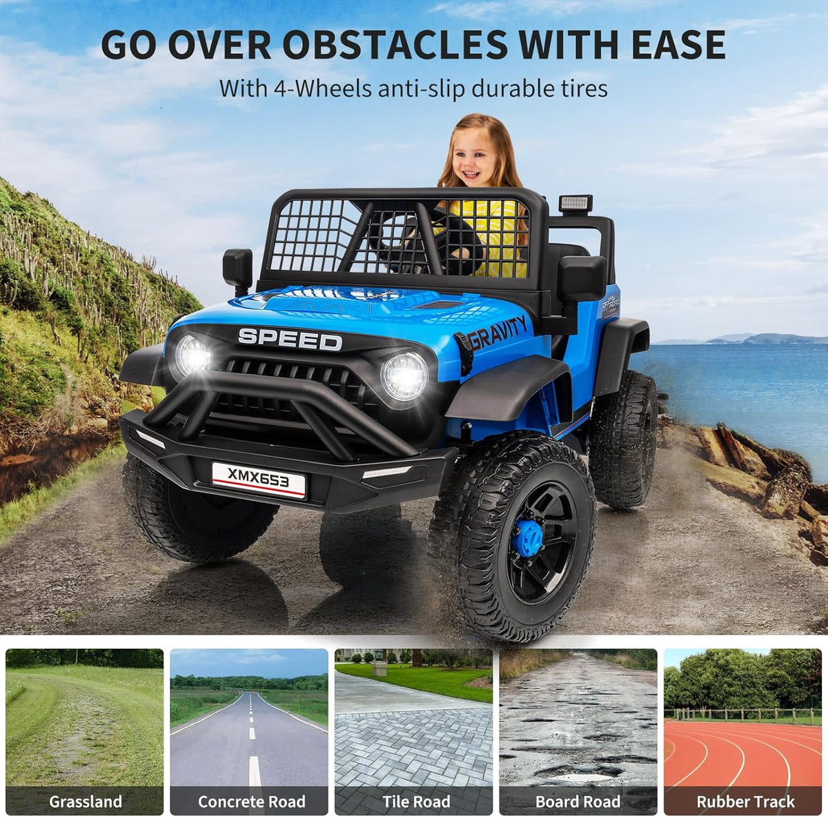 12V Ride-On Electric Car with Remote Control, Extra-Wide 13" Seat, 3 Speeds, 1.6-4.1 MPH, LED Lights, Music, USB, Safety Belt